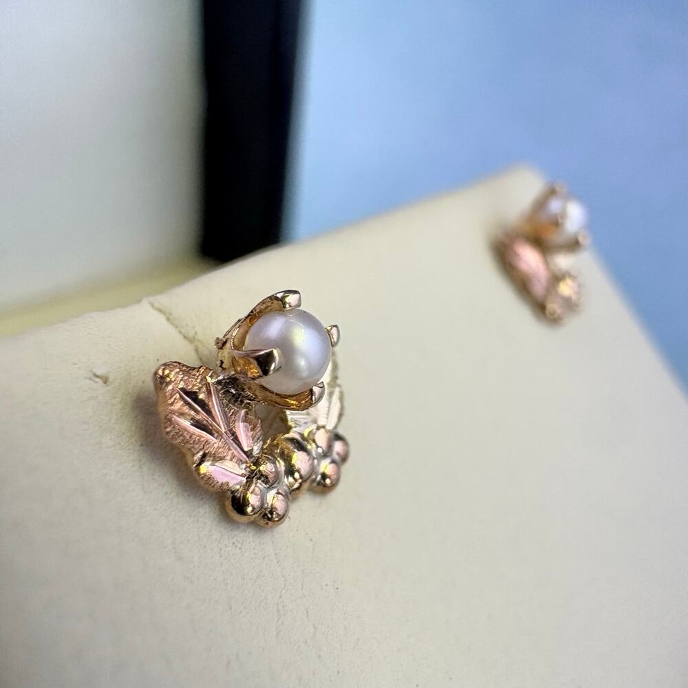 Vintage Landstrom’s 10K Black Hills Gold Pearl Stud Earrings